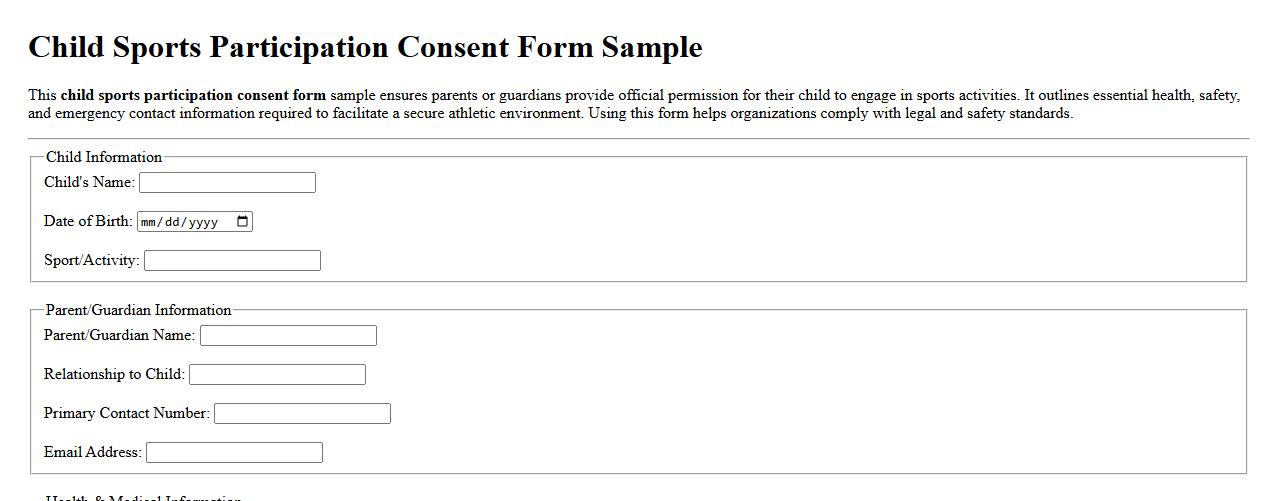 Child sports participation consent form sample image preview