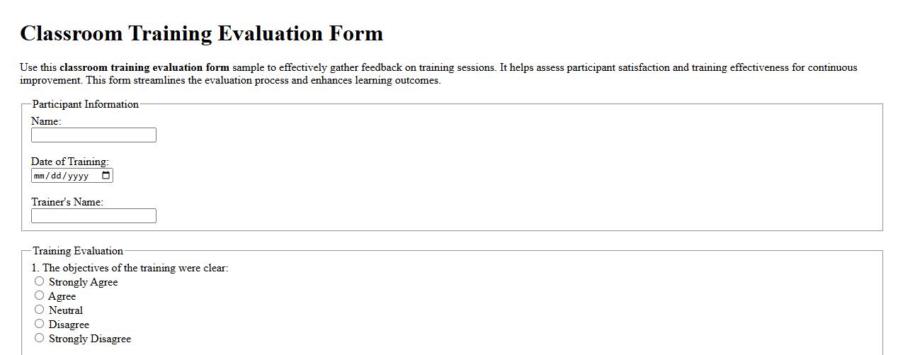 classroom training evaluation form sample image preview