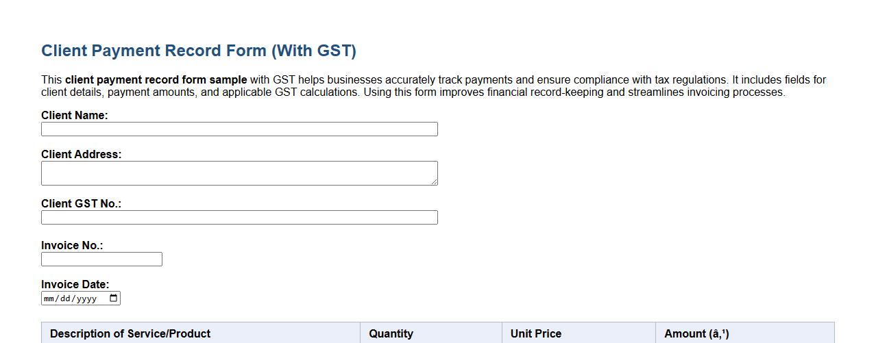 Client payment record form sample with GST image preview
