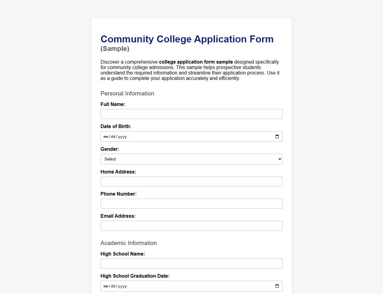 College application form sample for community college admissions image preview