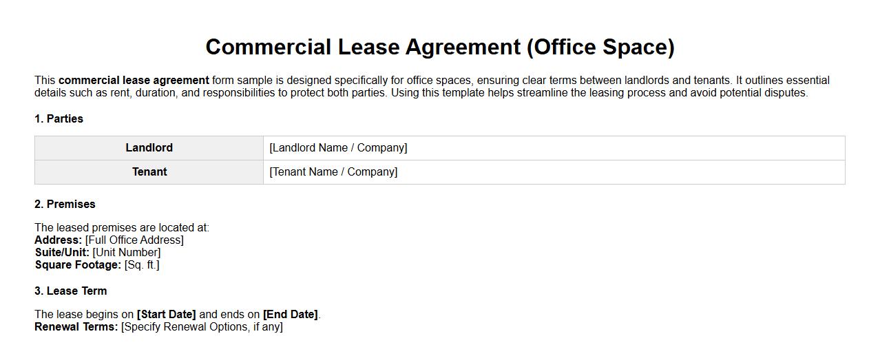commercial lease agreement form sample for offices image preview