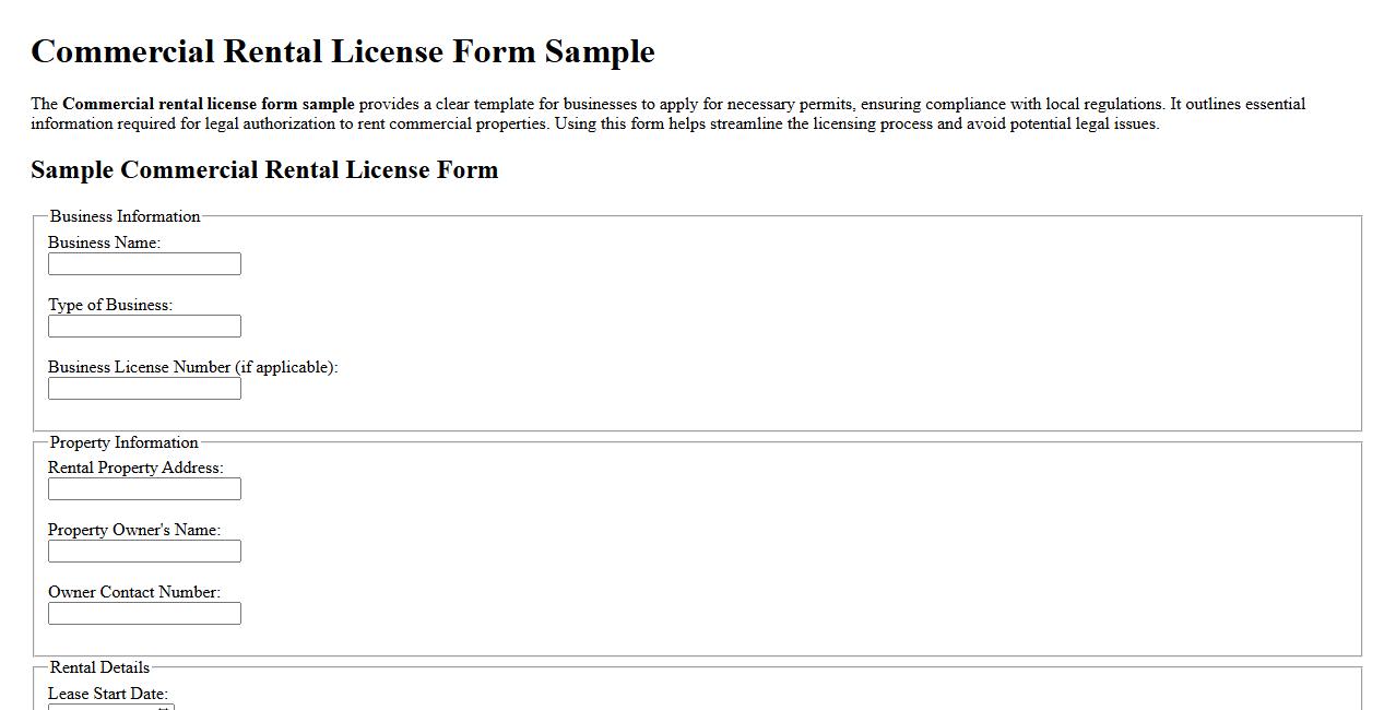 Commercial rental license form sample image preview