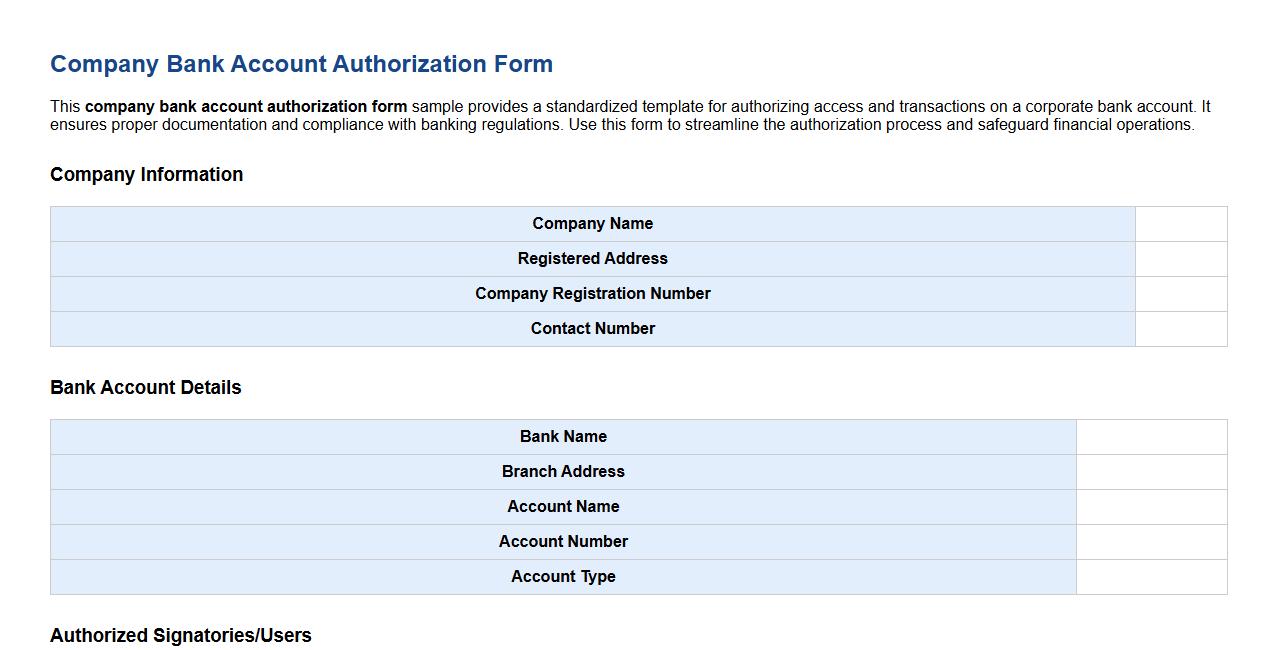 company bank account authorization form sample image preview