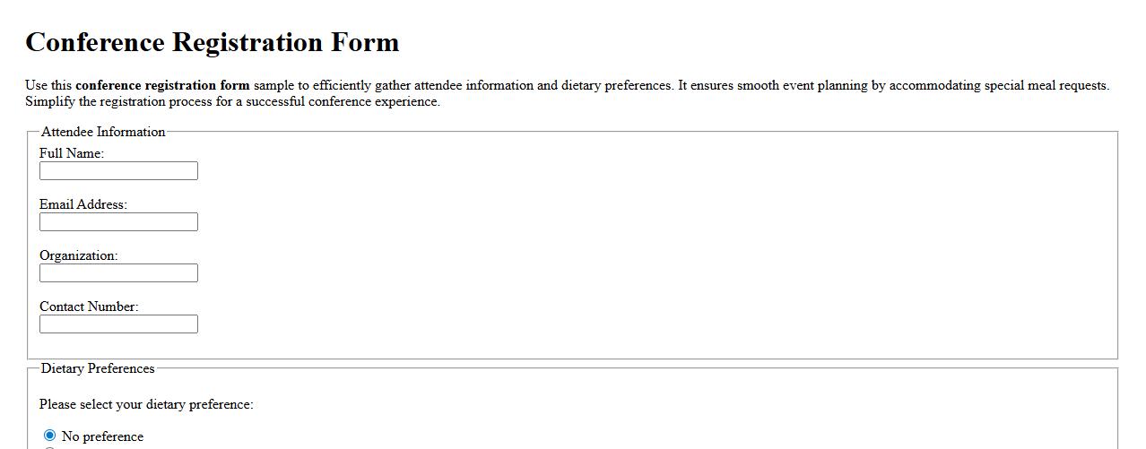 Conference registration form sample including dietary preferences image preview