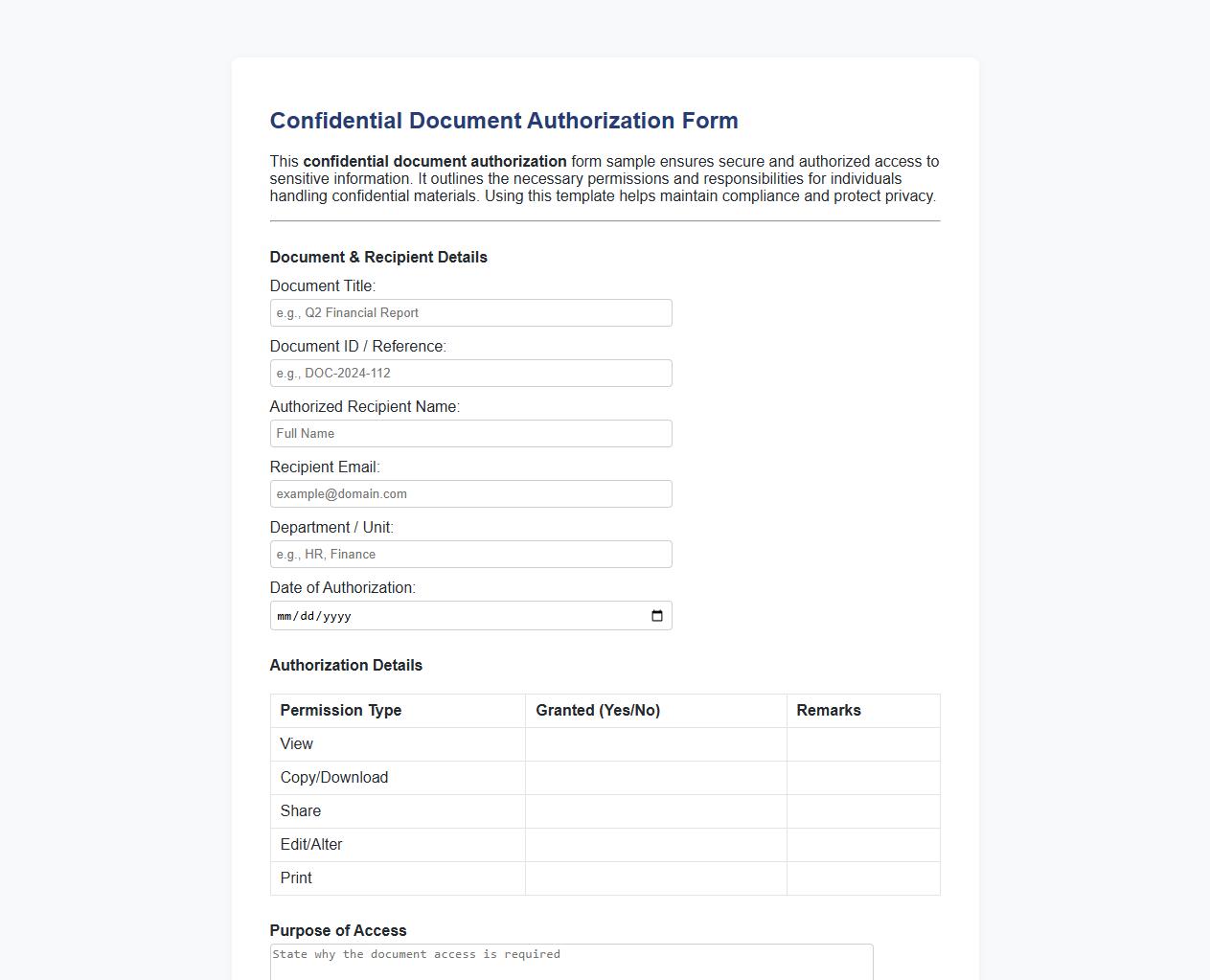 Confidential document authorization form sample image preview