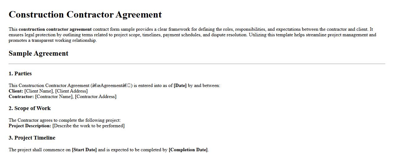 Construction contractor agreement contract form sample image preview