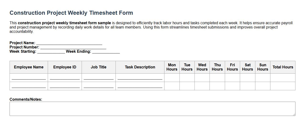 Construction project weekly timesheet form sample image preview