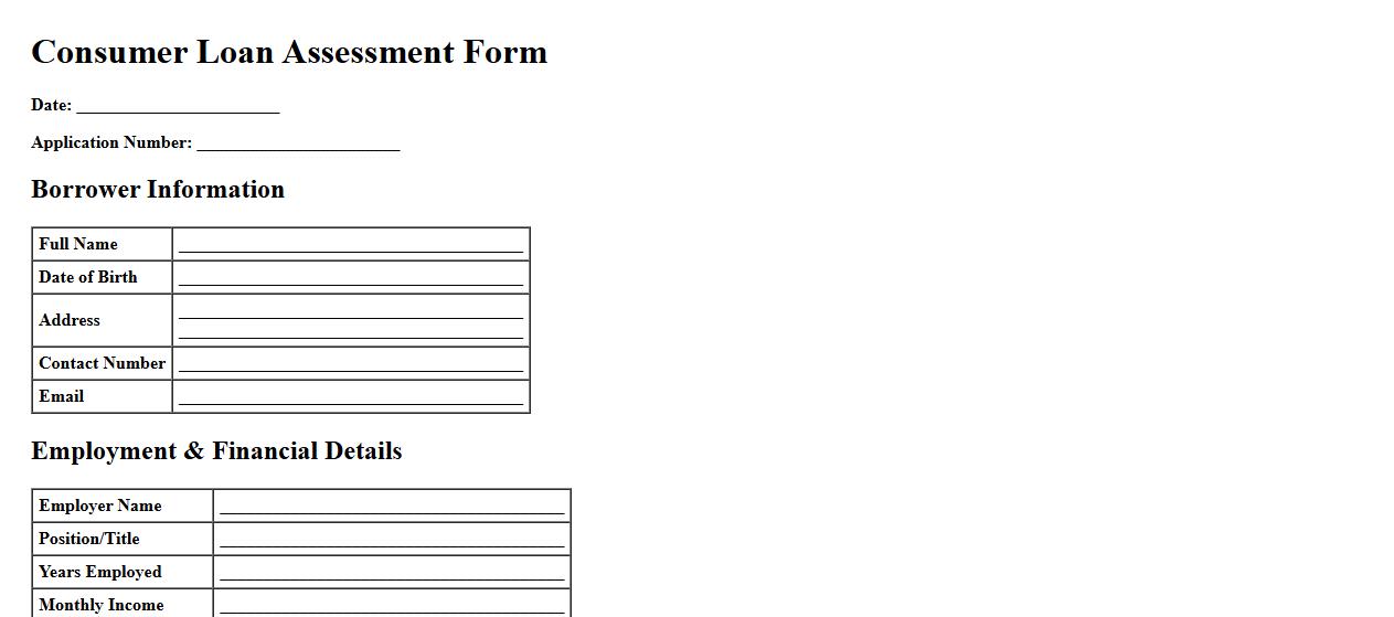 consumer loan assessment form sample in Word image preview