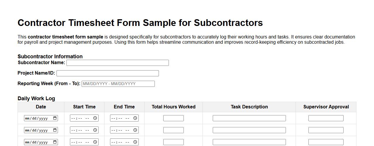 contractor timesheet form sample for subcontractors image preview