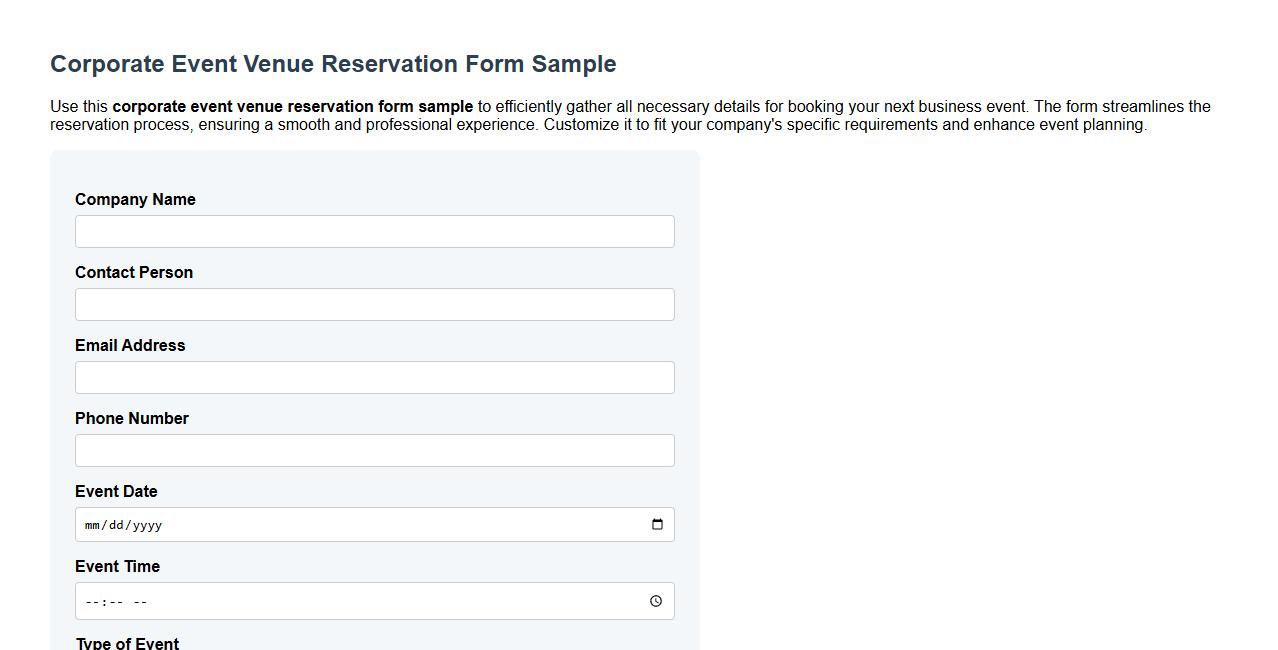 Corporate event venue reservation form sample image preview