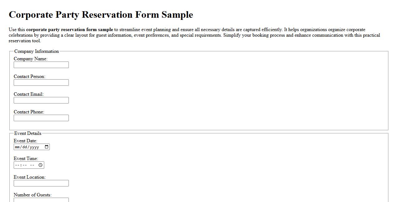Corporate party reservation form sample image preview