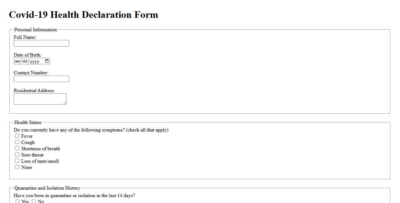 Covid-19 health declaration form sample with quarantine and isolation history image preview