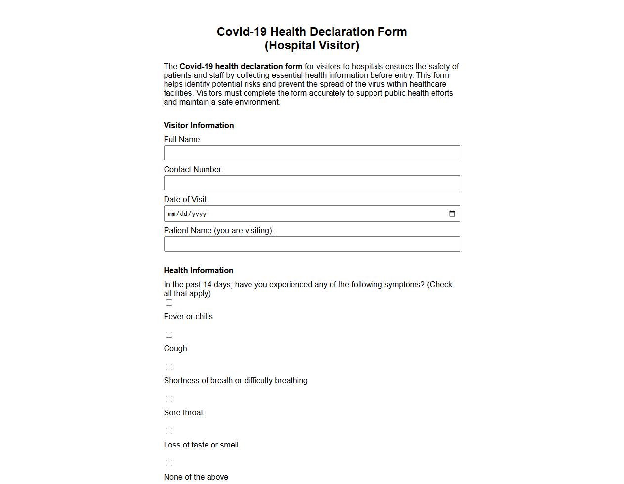 Covid-19 health declaration form sample for visitors to hospitals image preview