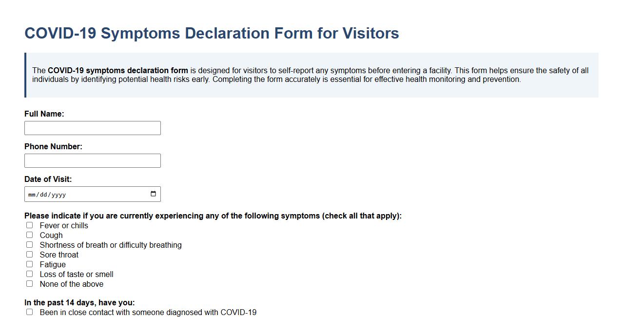 COVID-19 symptoms declaration form sample for visitors image preview