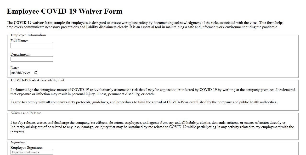 COVID-19 waiver form sample for employees image preview