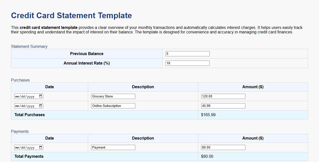 Credit card statement template including interest calculations image preview