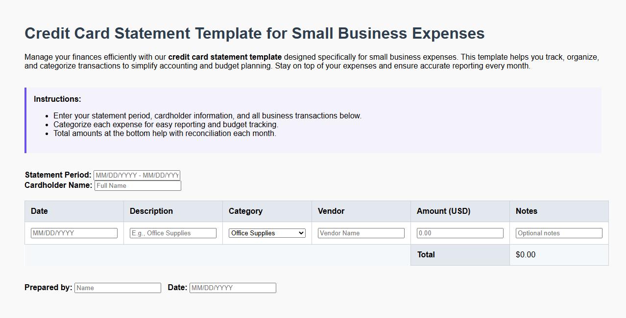 Credit card statement template for small business expenses image preview