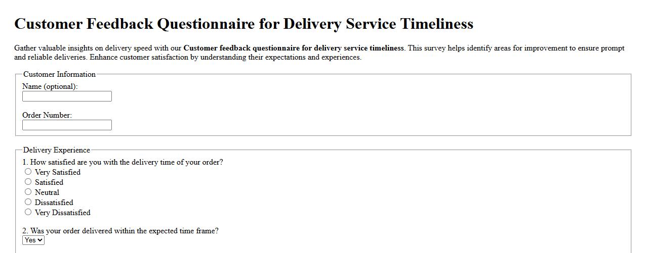 Customer feedback questionnaire for delivery service timeliness image preview