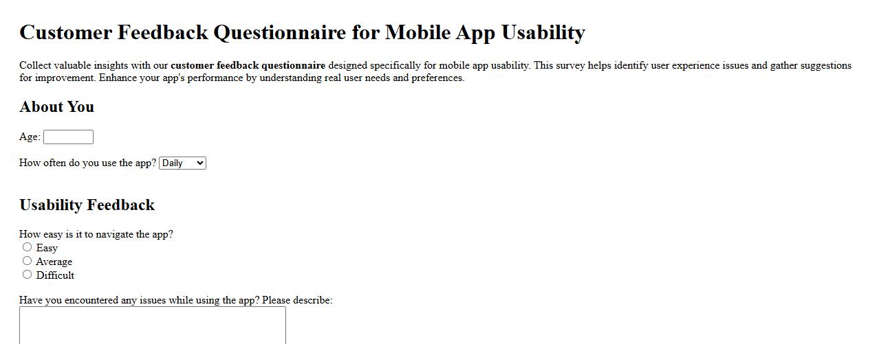 Customer feedback questionnaire for mobile app usability image preview
