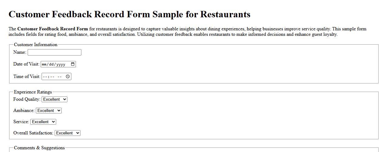 Customer Feedback Record Form Sample for Restaurants image preview