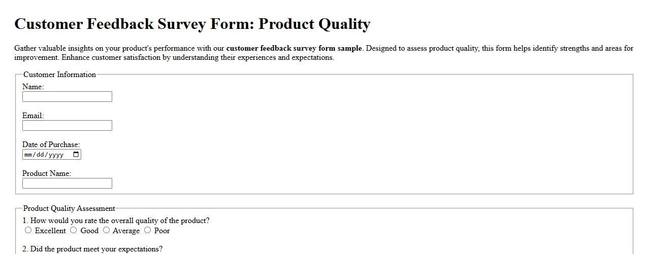 customer feedback survey form sample for product quality image preview