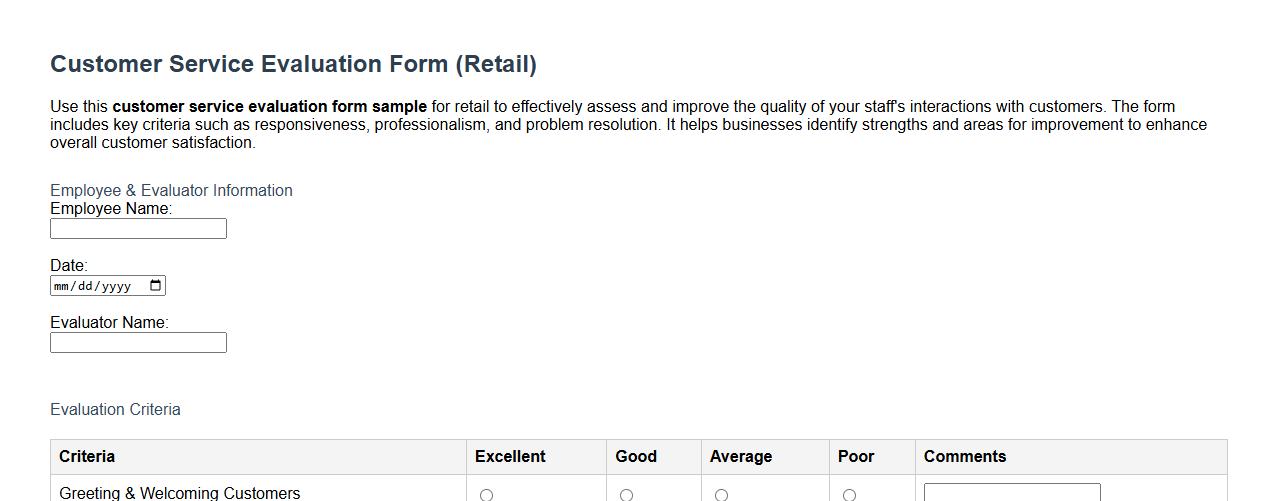 customer service evaluation form sample for retail image preview