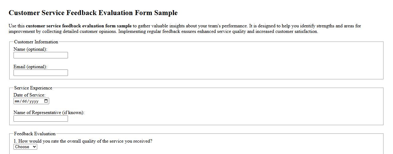 customer service feedback evaluation form sample image preview