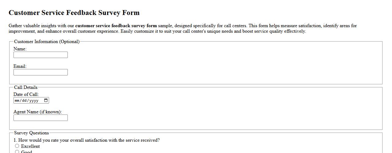 customer service feedback survey form sample for call center image preview
