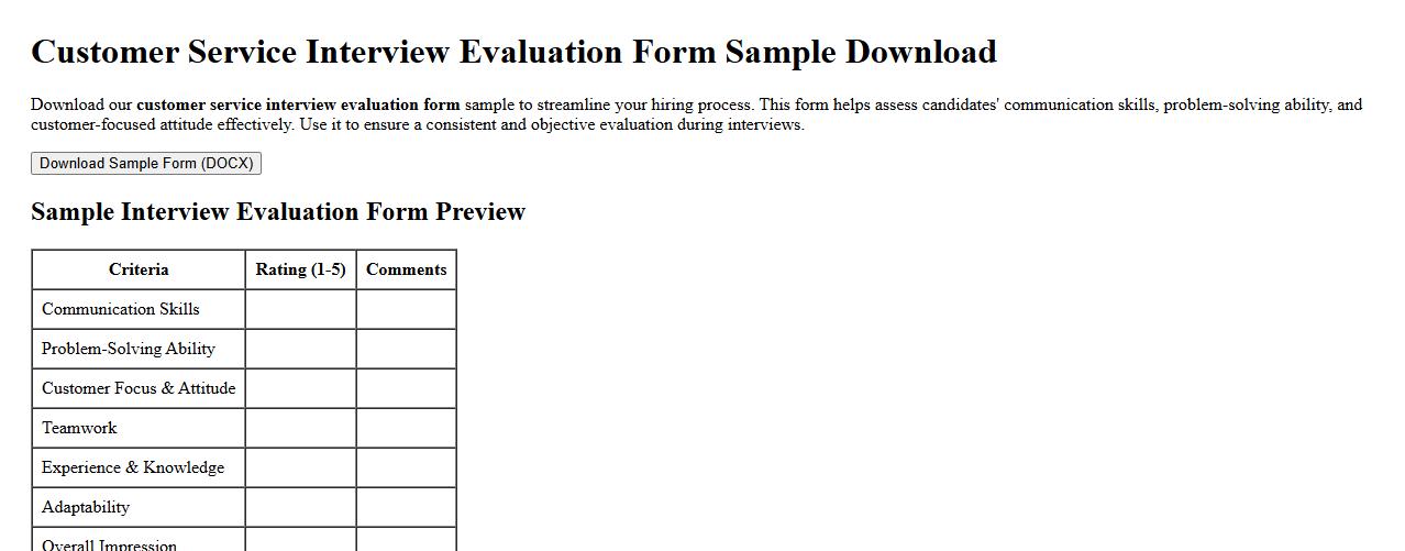 Customer service interview evaluation form sample download image preview