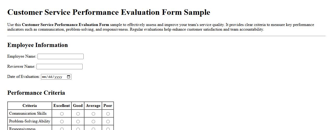 Customer Service Performance Evaluation Form Sample image preview