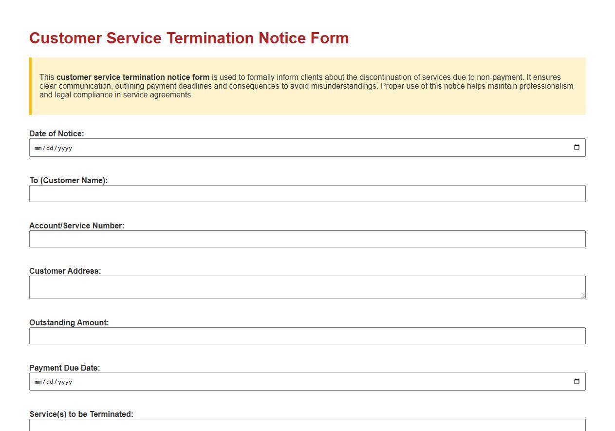 Customer service termination notice form for non-payment image preview