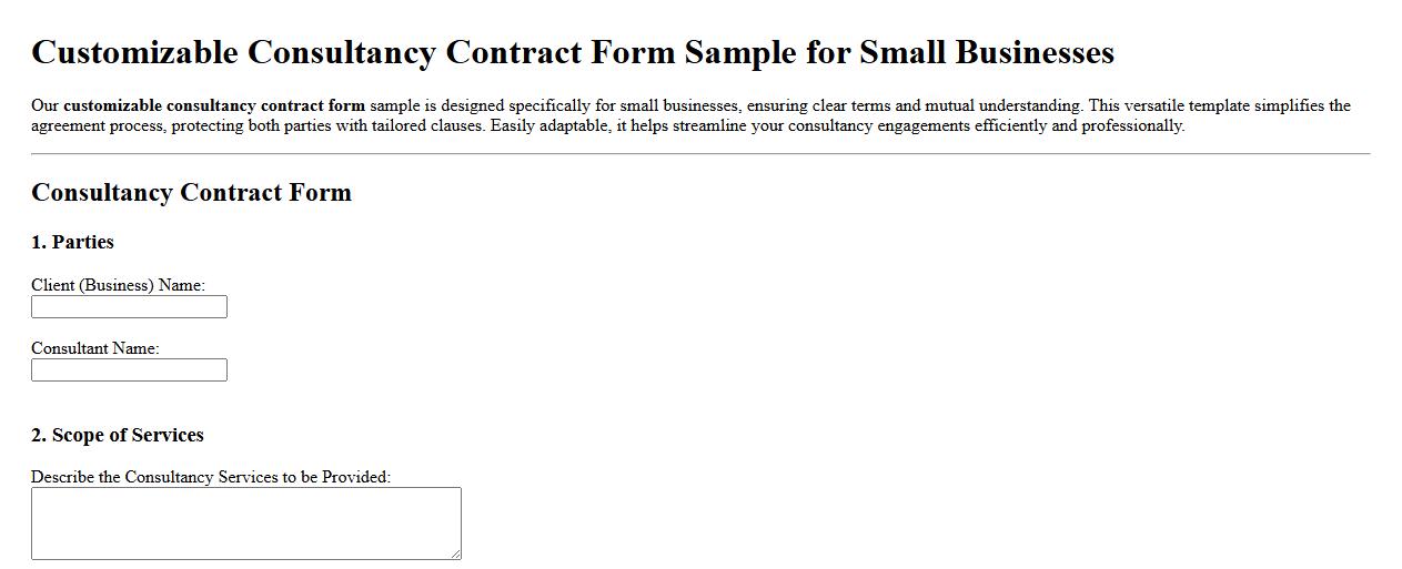 Customizable consultancy contract form sample for small businesses image preview