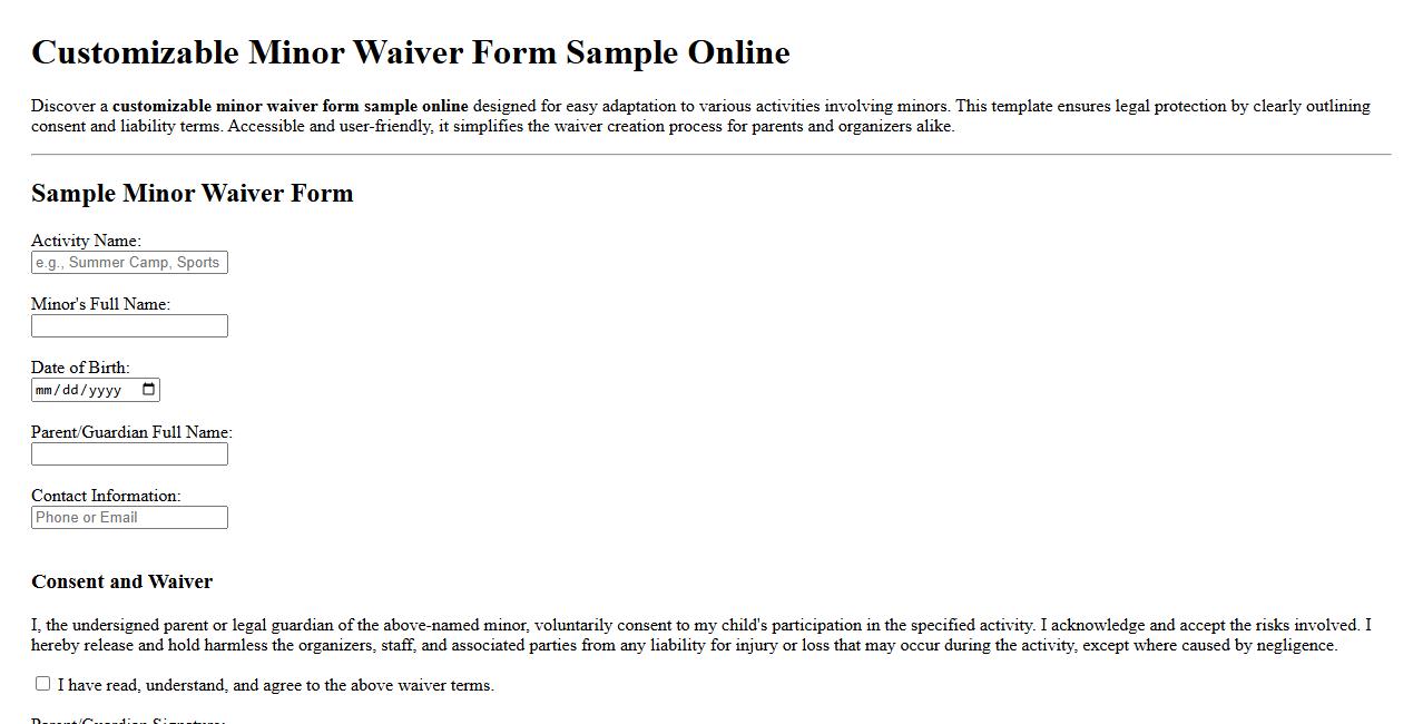 Customizable minor waiver form sample online image preview