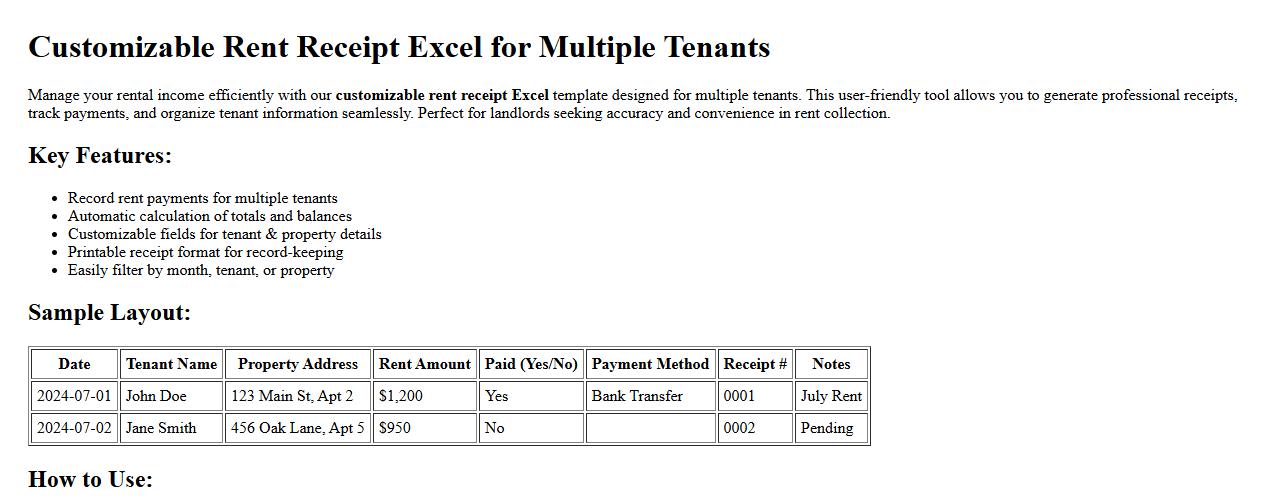 customizable rent receipt excel for multiple tenants image preview