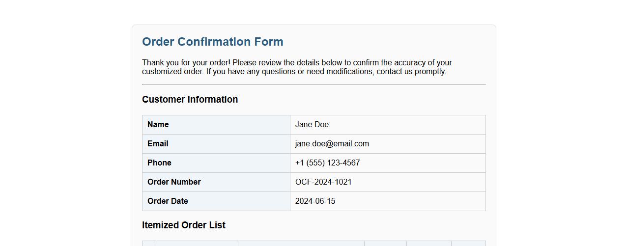 customized order confirmation form sample with itemized list image preview