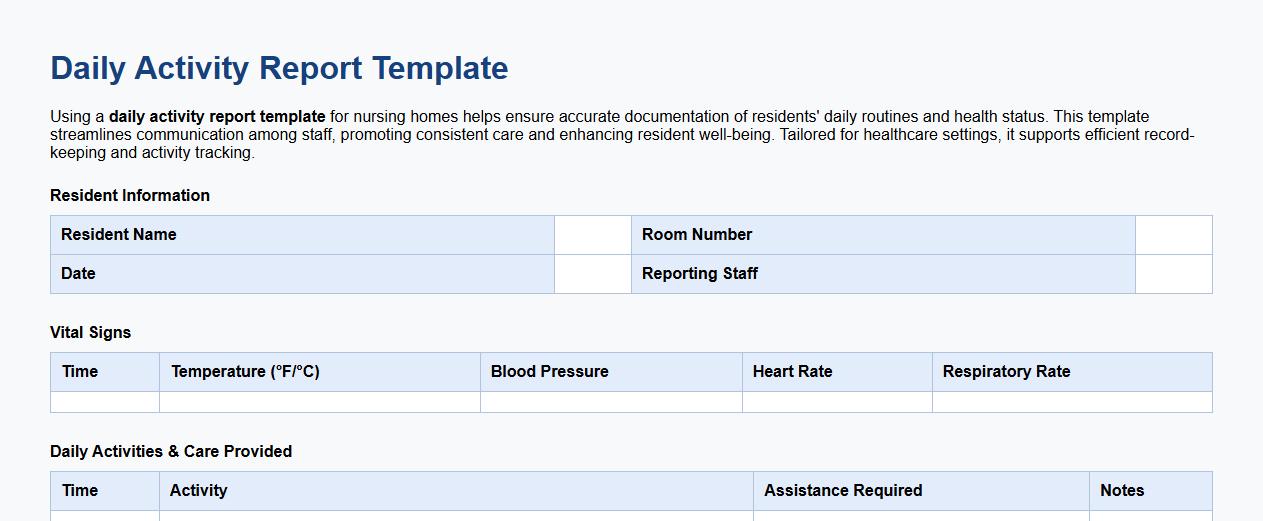 daily activity report template for nursing homes image preview