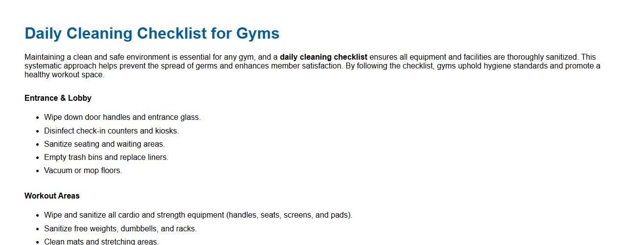 daily cleaning checklist for gyms image preview