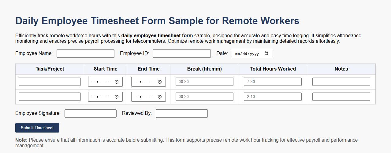 Daily employee timesheet form sample for remote workers image preview
