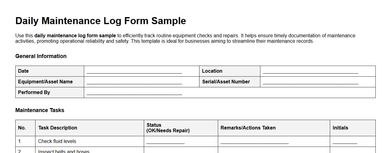 daily maintenance log form sample image preview