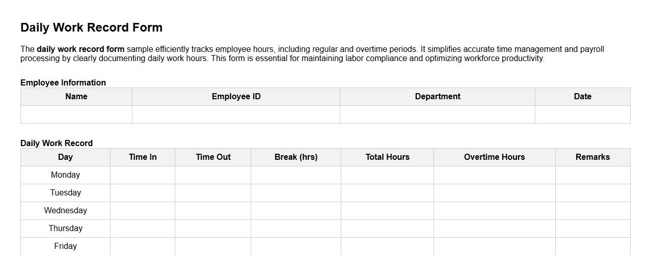 Daily work record form sample with overtime calculation image preview
