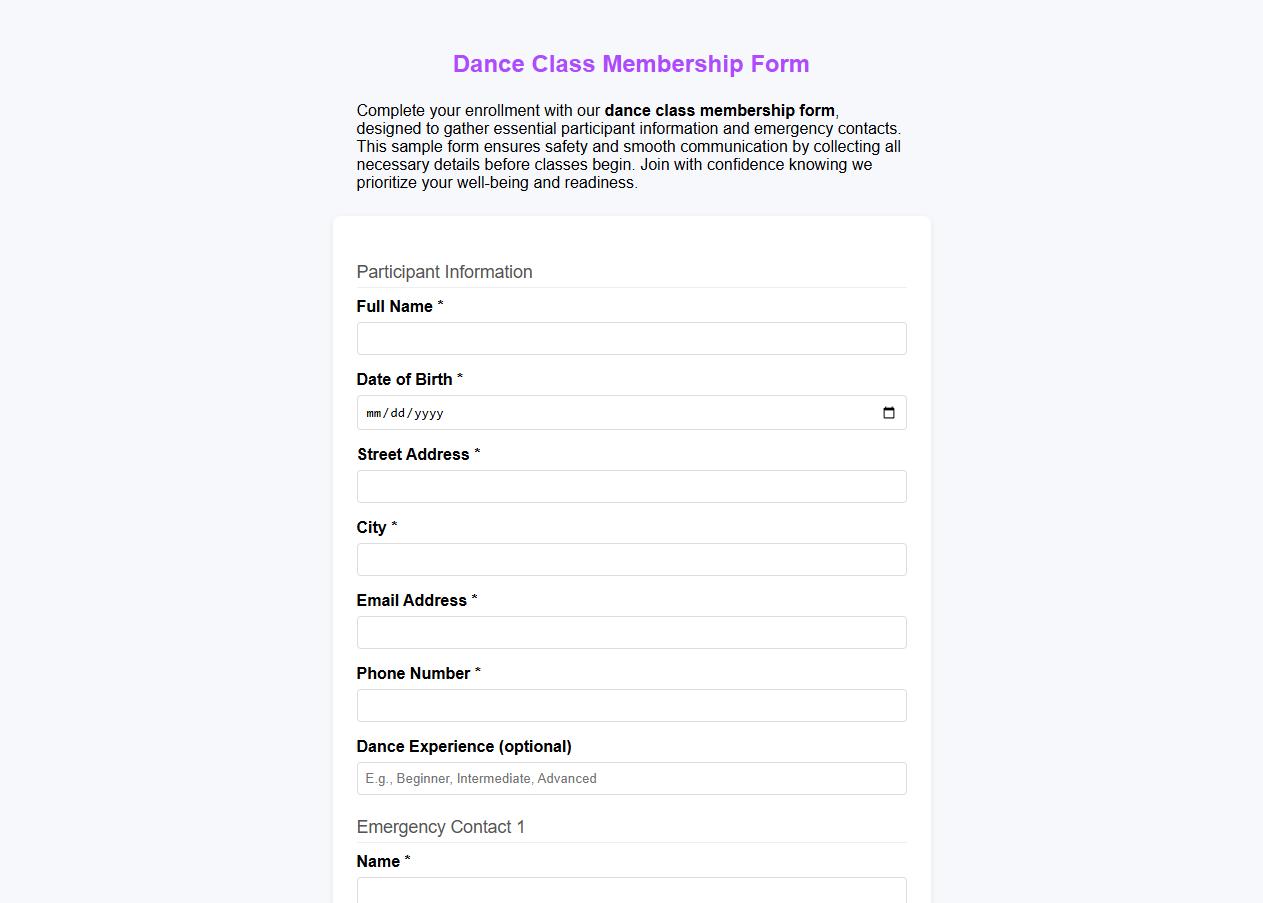 Dance class membership form sample with emergency contacts image preview