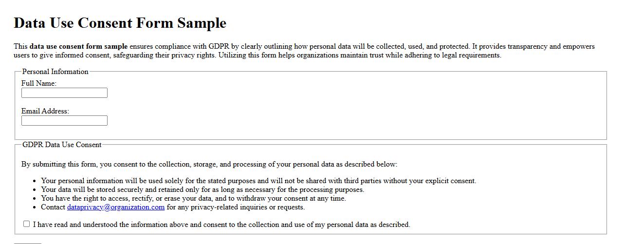 data use consent form sample with GDPR compliance image preview