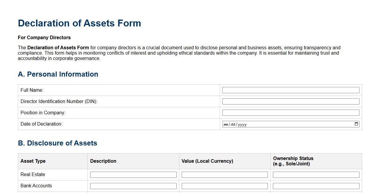 Declaration of assets form sample for company directors image preview