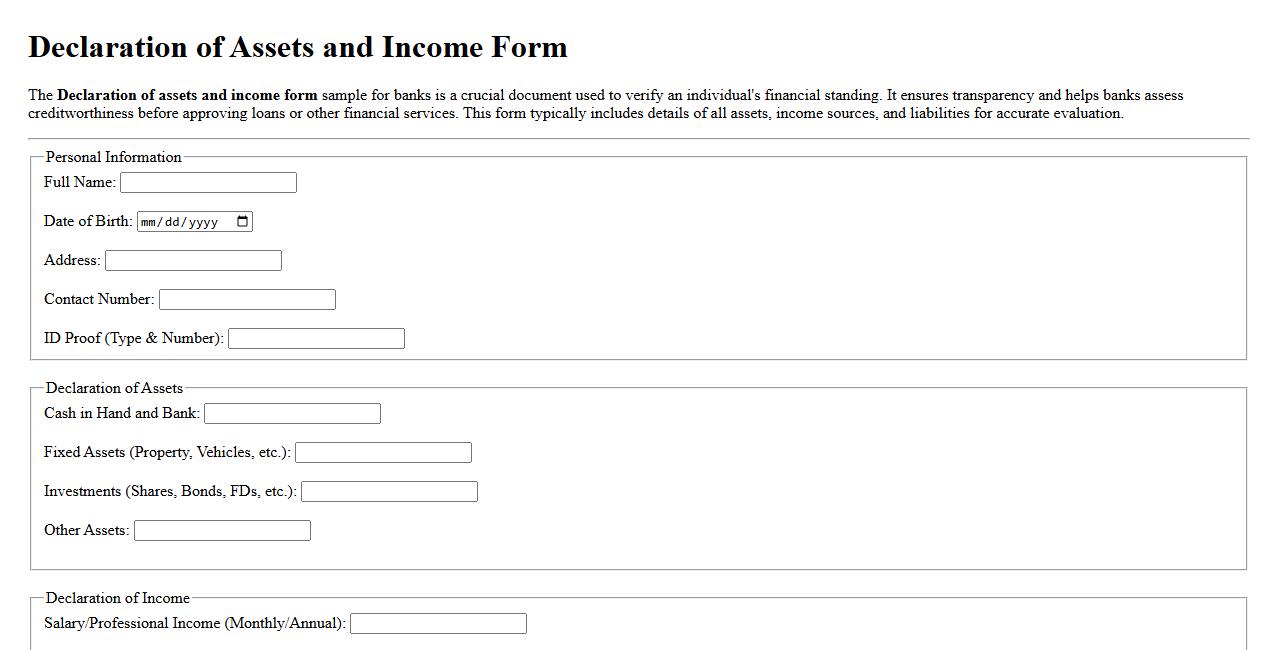 Declaration of assets and income form sample for banks image preview