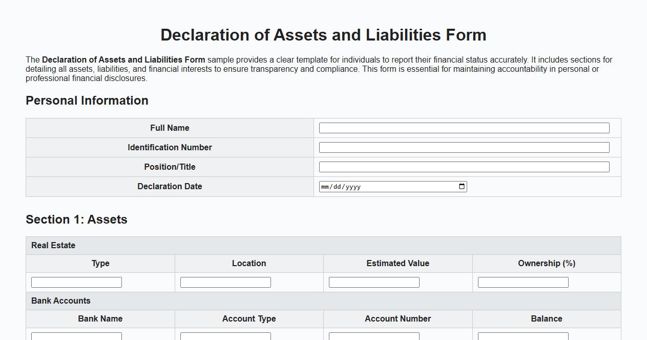Declaration of assets and liabilities form sample image preview