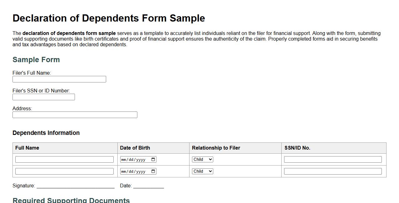 declaration of dependents form sample with supporting documents image preview