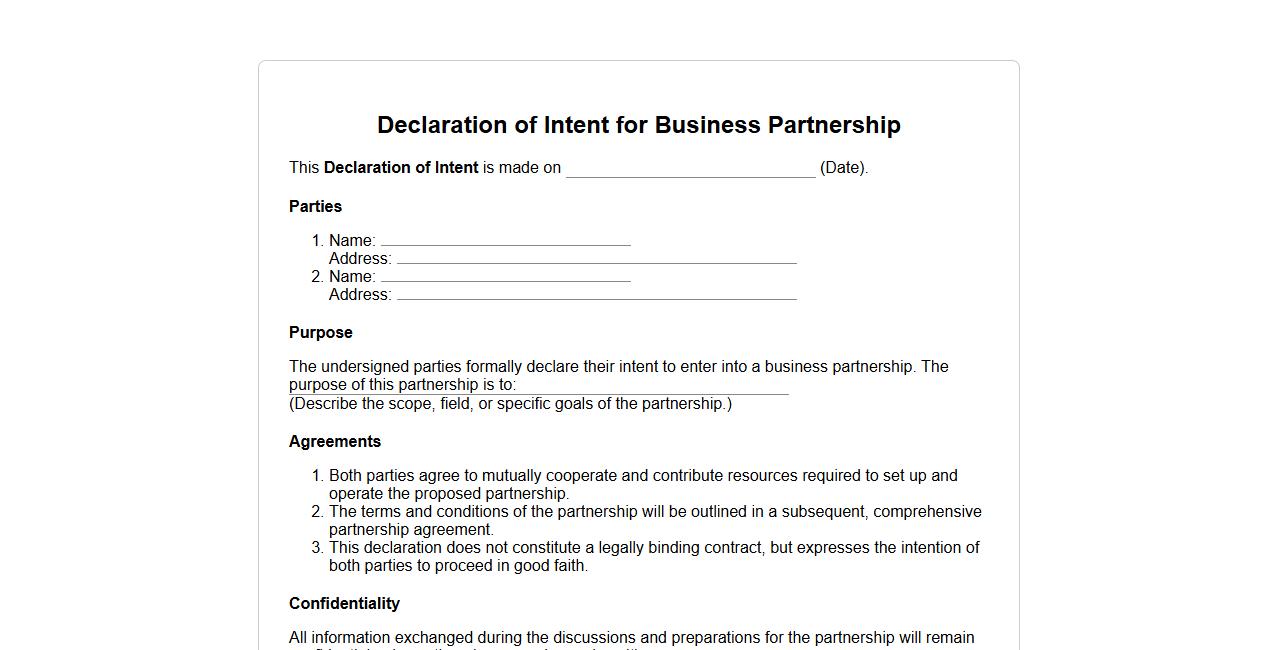 declaration of intent form sample for business partnership image preview