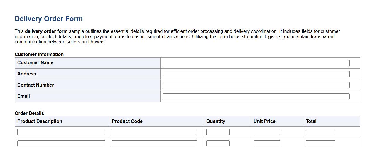 delivery order form sample with payment terms image preview