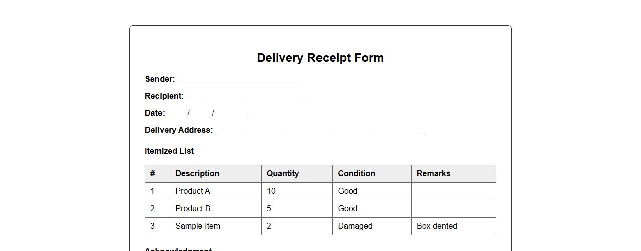Delivery receipt form sample with itemized list image preview