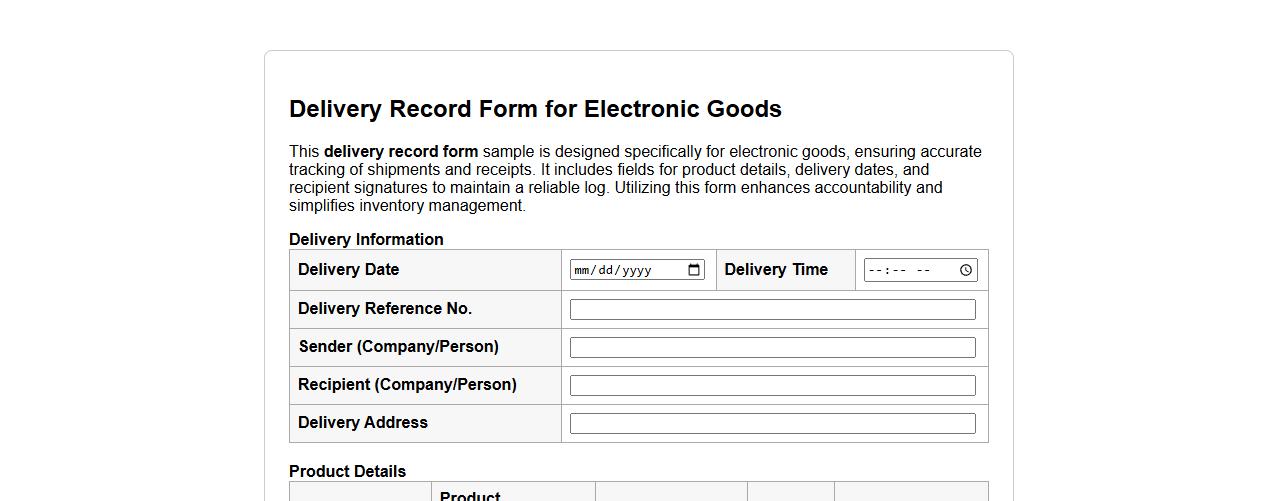 Delivery record form sample for electronic goods image preview